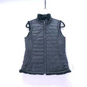 Woman's Black Reversible Faux Fur Quilted Mock Neck Jacket Vest Size S Pockets